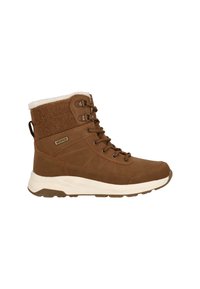 Botte de cheville imperméable marron avec un dessus en tissu texturé, col en fausse fourrure, design à lacets et semelle en caoutchouc blanche. Présente des accents de couture subtils.
