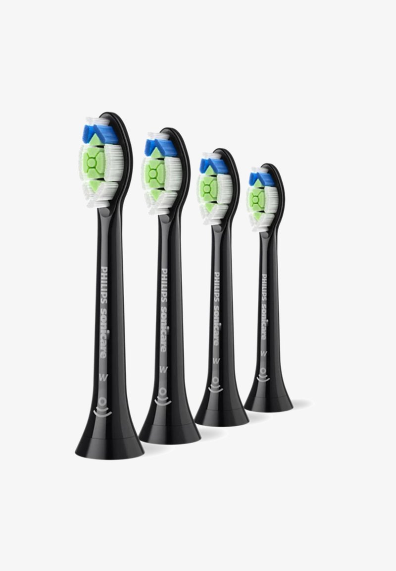Quatre têtes de brosse à dents Philips Sonicare en noir. Chaque tête présente des poils blancs, des accents bleus et verts, ainsi qu'un design effilé.