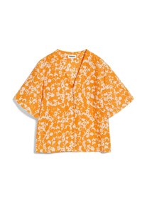 Blouse orange à manches courtes avec un motif floral blanc, présentant un design portefeuille et une coupe décontractée, confectionnée en tissu léger.