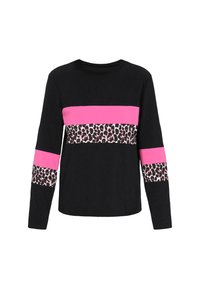Langärmliges Oberteil aus schwarzer Baumwolle mit horizontalen Streifen in Pink und Leopardenmuster über der Brust und an den Ärmeln. Runder Halsausschnitt.