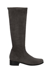 Knöchelhohe graue Wildlederstiefel mit glatter Oberfläche, einer runden Zehenpartie und einem niedrigen schwarzen Absatz. Schlichtes Design ohne Verzierungen.