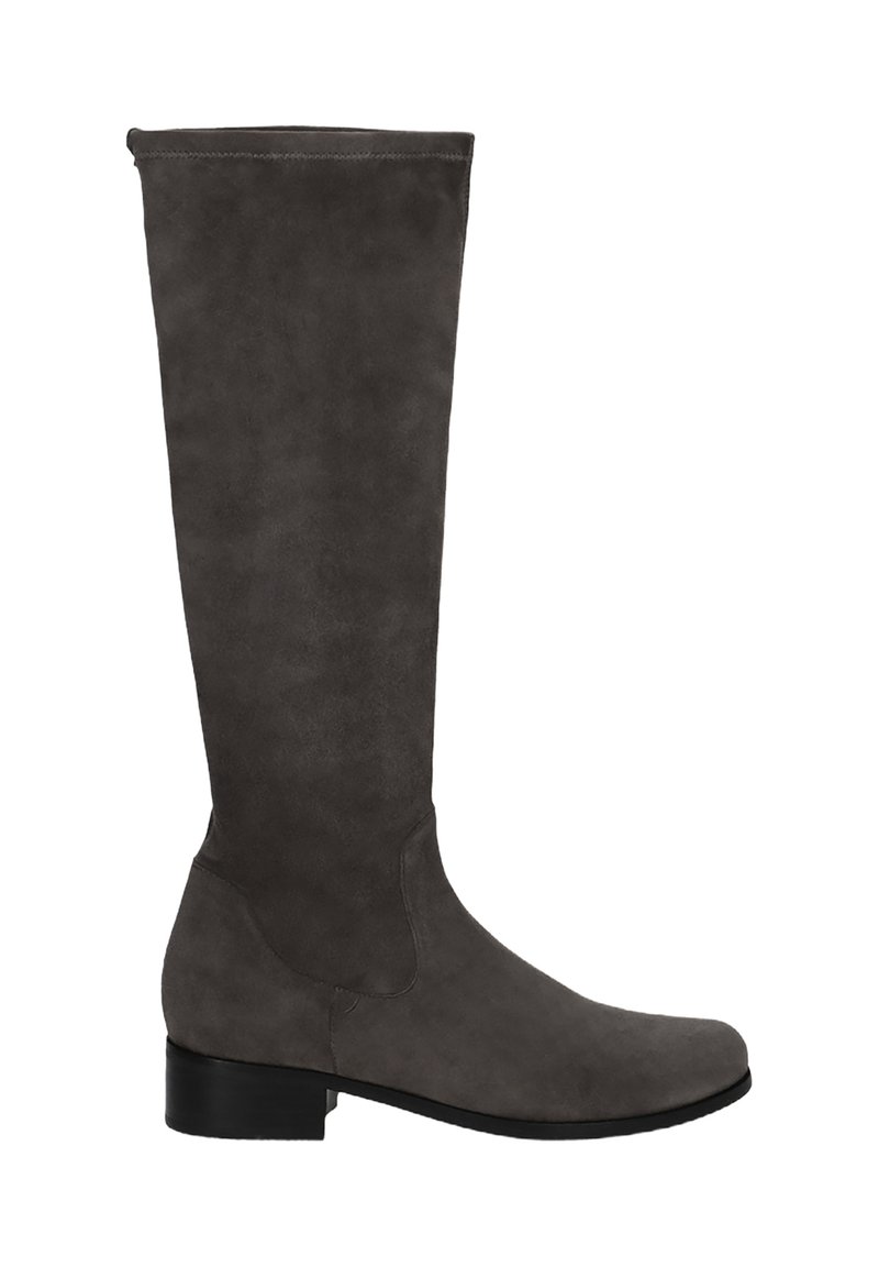 Knöchelhohe graue Wildlederstiefel mit glatter Oberfläche, einer runden Zehenpartie und einem niedrigen schwarzen Absatz. Schlichtes Design ohne Verzierungen.
