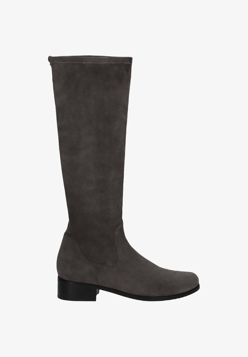 Knee-high gray suede boots with a smooth texture, a round toe, and a low black heel. Simple design without embellishments.