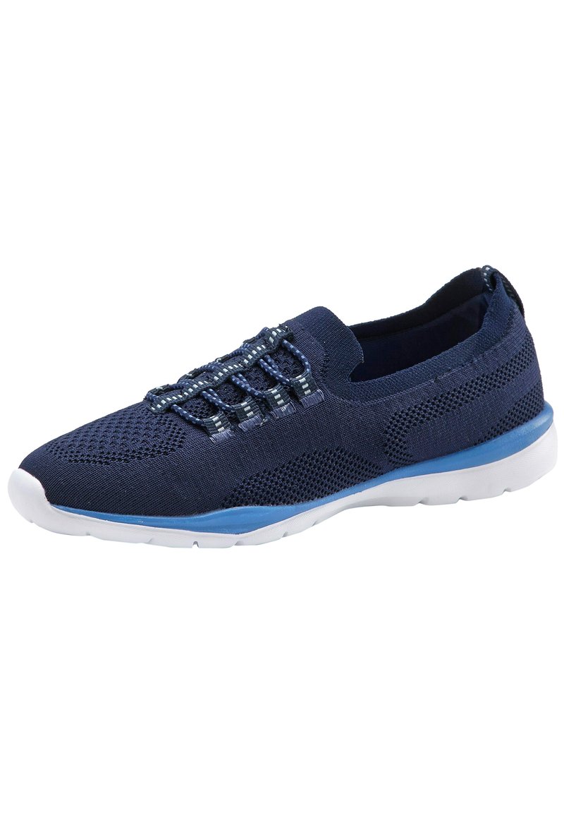 Scarpe slip-on in rete blu navy con punta tondeggiante, suola bianca e fasce elastiche decorative sulla parte superiore per una vestibilità sicura e traspirabilità.