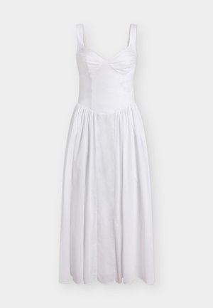 White midi dress with fitted bodice, sweetheart neckline, thin shoulder straps, and full gathered skirt.