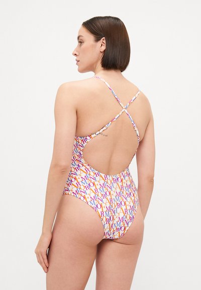 One-piece swimsuit featuring a white base with colorful text print, crisscross straps, and an open back design. Smooth texture.