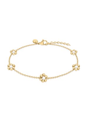 Bracelet délicat en chaîne d'or avec cinq petites breloques en forme de fleurs, espacées uniformément, chacune ornée d'une perle blanche centrale.