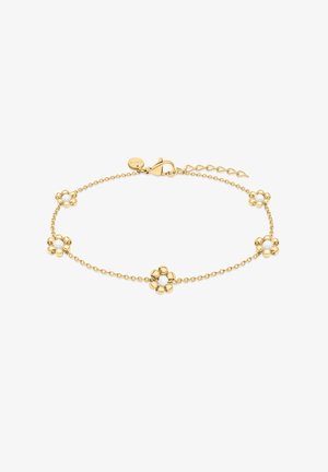 Bracelet délicat en chaîne d'or avec cinq petites breloques en forme de fleurs, espacées uniformément, chacune ornée d'une perle blanche centrale.