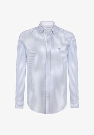 Camisa de botón de manga larga a rayas verticales en azul claro y blanco, con cuello abotonado y pequeño logo de un pájaro en el pecho.