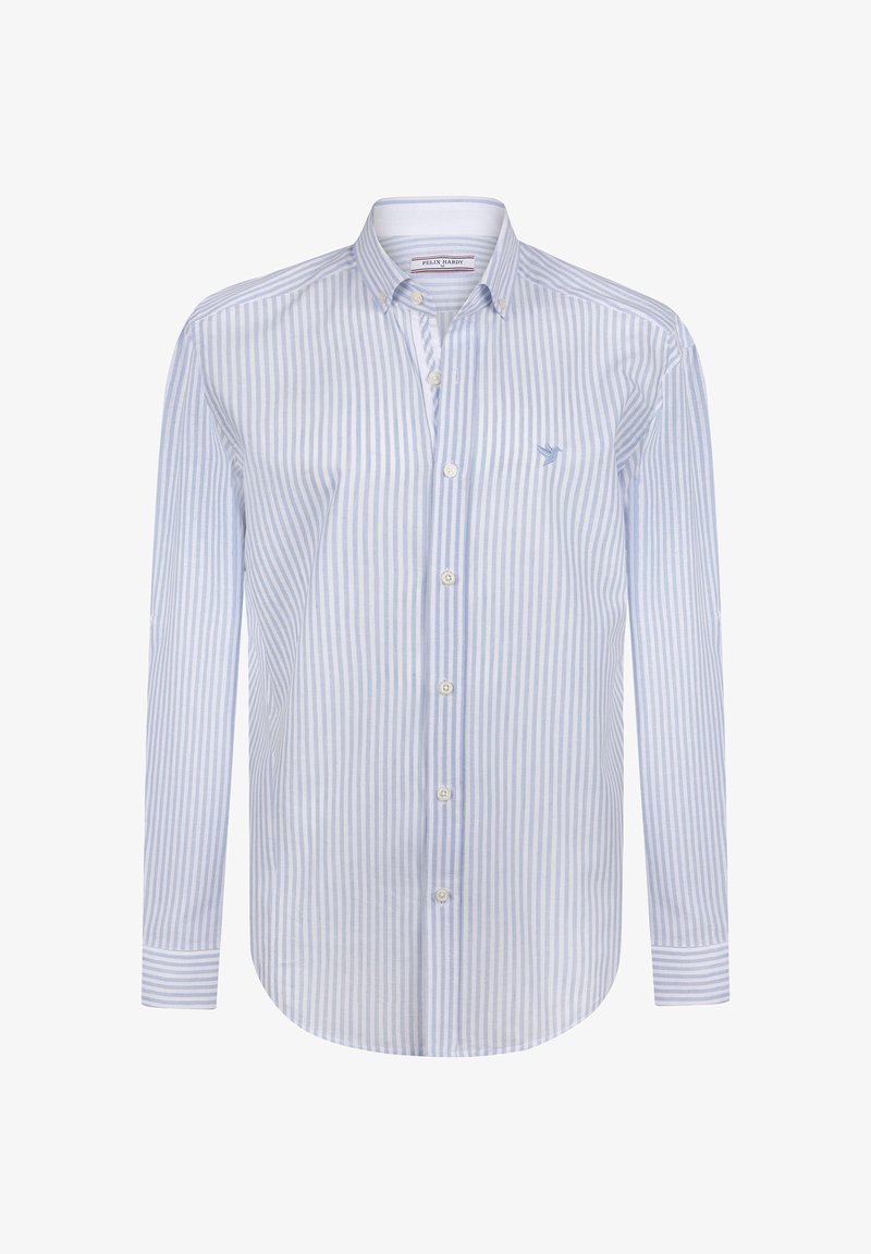 Lichtblauwe en witte verticaal gestreepte overhemd met lange mouwen, knoopsluiting en een geknoopte kraag, met een klein vogel logo op de borst.