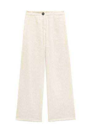 Spodnie o szerokich nogawkach w kremowej tkaninie sztruksowej, z pionowymi paskami, z zapięciem na guzik i kieszeniami z przodu. Teksturowana, miękka powierzchnia.