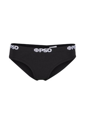 Black cotton briefs with a white "PSD" logo on the elastic waistband. Soft texture, fitted design, and classic hipster shape.
