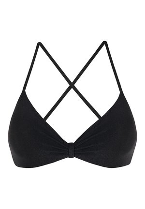 Czarny stanik bikini o teksturowanym wykończeniu, z wiązanym środkiem i skrzyżowanymi regulowanymi ramiączkami, zapewniającymi pewne dopasowanie.
