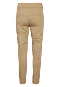 Beige cotton trousers with a straight cut, two back pockets, and a smooth texture. Hem is slightly tapered toward the ankle.