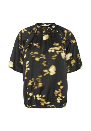 Schwarze kurzärmlige Bluse aus leichtem Stoff mit gelbem Blumenmuster, gerafftem Ausschnitt und elastischem Saum.