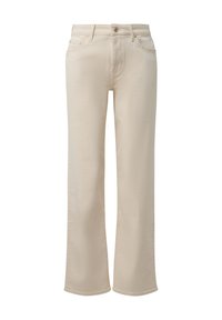 Jasno-beżowe dżinsy o prostym kroju z przodem na guziki, zamkiem, szlufkami na pasek oraz pięcioma kieszeniami, prezentowane na białym tle.