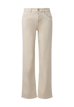 Cream-colored straight-leg jeans with front button, zipper, belt loops, and five-pocket styling, shown against a white background.