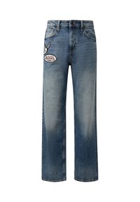 Modré džíny rovného střihu z denimu s předními nášivkami, včetně křídlového botu a loga "Von Dutch Original" na levém stehně.