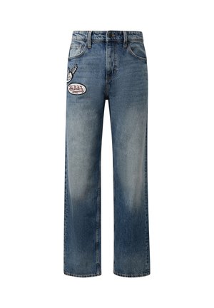 Blaue Jeans mit geradem Bein aus Denim, mit vorderen Applikationen, darunter ein geflügelter Schuh und das "Von Dutch Original"-Logo auf dem linken Oberschenkel.