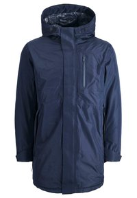 Giacca impermeabile blu navy con cappuccio, zip frontale, tasca sul petto e tasche laterali, realizzata in tessuto leggero e morbido.