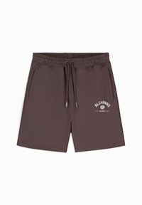 Bruine sportshorts met een elastische tailleband, een trekkoord, twee zijzakken en een wit gedrukt logo op het linkerpootje. Soepele textuur.