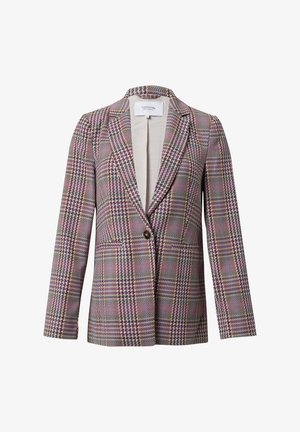 Plaid blazer in pink, purple, and beige tones. Features a single button closure, notched collar, and two front pockets. Textured fabric.