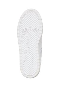 Sole di scarpa bianca con un motivo a spina di pesce, caratterizzata da un design del logo e dettagli testurizzati. Materiale in gomma liscia. Forma della punta arrotondata.