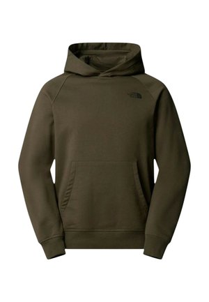 Felpa con cappuccio verde oliva con tasca frontale a marsupio, maniche raglan e un piccolo logo nero sul petto a sinistra. Tessuto morbido al tatto.