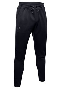 Pantalons de sport noirs en tissu lisse, dotés d'une taille à coulisse, de poches latérales et d'une coupe fuselée. Logo Under Armour sur la jambe.