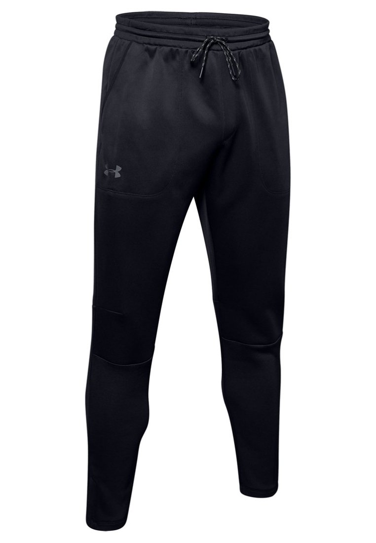 Pantalons de sport noirs en tissu lisse, dotés d'une taille à coulisse, de poches latérales et d'une coupe fuselée. Logo Under Armour sur la jambe.