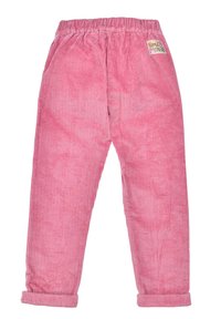 Pink corduroy pants with a textured ribbed pattern, elastic waistband, rolled cuffs, and a small 'Smile More' fabric label.