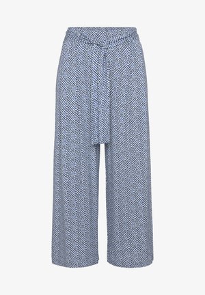 Blaue gemusterte Culottes mit Bindegürtel. Hergestellt aus leichtem Stoff, mit lockerer Passform und verkürzter Länge, ideal für warmes Wetter.