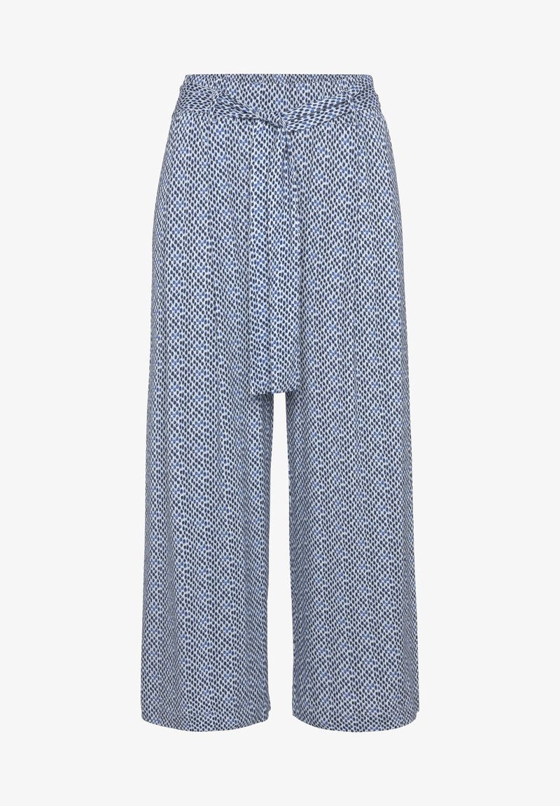 Blue patterned culottes with a tie waist. Made from lightweight fabric, featuring a loose fit and cropped length, ideal for warm weather.