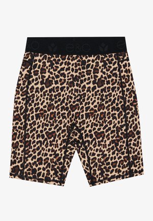 Spodenki rowerowe w panterkę z czarnym elastycznym pasem. Wykonane z gładkiego materiału, z kontrastowymi brzegami oraz dopasowanym krojem.