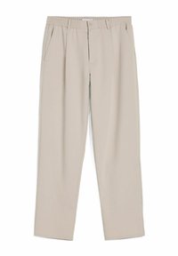Beige trousers with an elastic waistband, two side pockets, and a relaxed fit. Smooth fabric with a subtle sheen and no visible patterns.