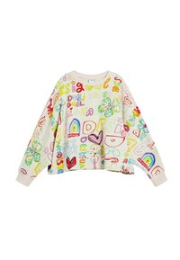 Švarkelis su apvaliu kaklu, šviesiai smėlio spalvos fliso, papuoštas daugiaspalviais širdelių, gėlių ir žodžių raštais; turi laisvą prigludimą ir gumbuotas rankoves.