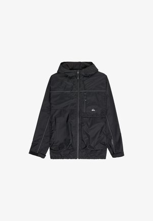 Black waterproof jacket featuring a hood, zip front, two side pockets, and reflective accents. Made of lightweight material with a textured finish.