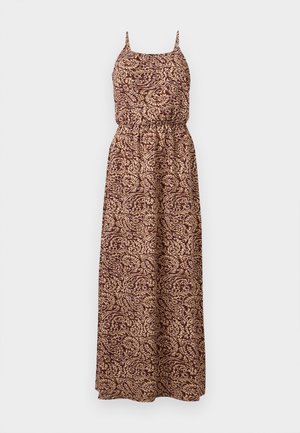 Sleeveless long dress with thin straps, elastic waist, and brown and beige floral paisley pattern on lightweight fabric.