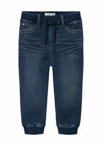 Joggers en denim bleu marine avec une taille élastique douce, des poignets et un design à cinq poches, mettant en avant des surpiqûres contrastées et un détail de cordon de serrage.