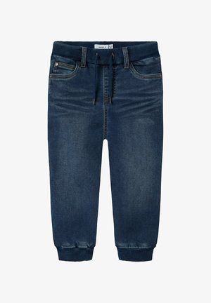 Denim joggerji v temno modri barvi z mehkim elastičnim pasom, manšetami in dizajnom s petimi žepi, ki vključuje kontrastno šivanje in detajl s vrvico.