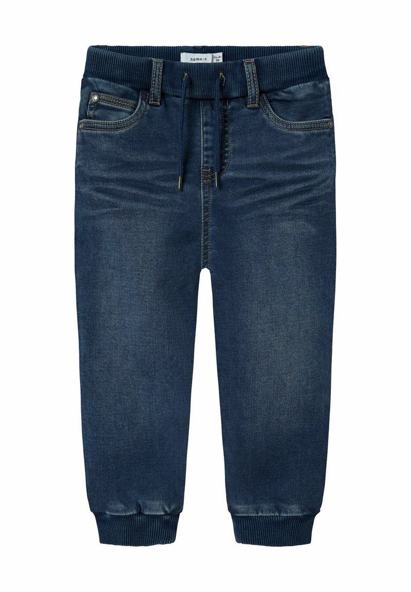 Joggers en denim bleu marine avec une taille élastique douce, des poignets et un design à cinq poches, mettant en avant des surpiqûres contrastées et un détail de cordon de serrage.
