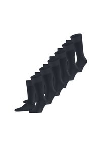 Calcetines negros en fila, con un puño acanalado, textura suave y diseño de longitud hasta el tobillo, dispuestos en un degradado de visibilidad.