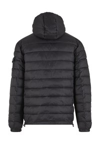 Czarna kurtka puchowa z kapturem, z pikowanym wzorem, ściągaczami na rękawach i suwakami u dołu, wykonana z lekkiego materiału.