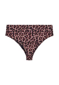Bas de bikini à imprimé léopard en nuances de rose et brun foncé, présentant un design à taille haute et un tissu doux et extensible avec une texture lisse.