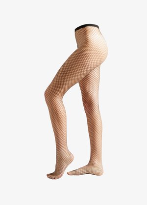 Schwarze Netzstrumpfhosen mit Rautenmuster, elastischem Bund und transparenter Textur, die für eine enganliegende Passform am Bein entworfen sind.