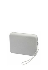 Pochette rettangolare bianca con texture, dotata di zip e tracolla, caratterizzata da un motivo sottile e dal logo sul fronte. Realizzata in materiale resistente.