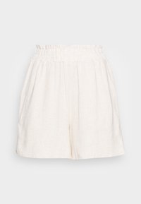 Liniowe szorty w kolorze ecru z elastycznym pasem, z plisami i lekką teksturą. Projekt jest prosty i casualowy.
