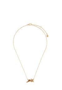 Gold chain necklace featuring a jumping rabbit pendant, detailed with brown accents. Chain includes a lobster clasp and adjuster.