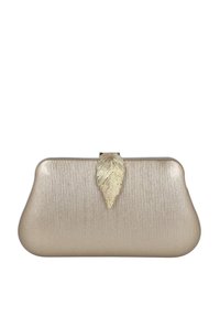 Bolso de mano dorado metálico con cierre en forma de hoja, con un acabado texturizado y bordes curvos que le confieren una silueta suave.