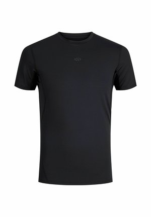 T-shirt sportif noir à manches courtes avec col rond et logo discret centré sur la poitrine, présenté sur un fond blanc uni.